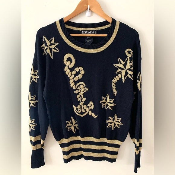 ESCADA by Margaretha Ley Vintage Nautical Black and Gold  Sweater - Picture 2 of 7